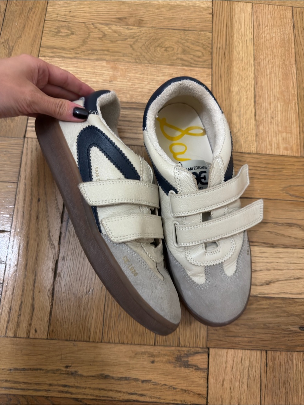 Women’s sam Edelman Cream and Navy Velcro Sneakers